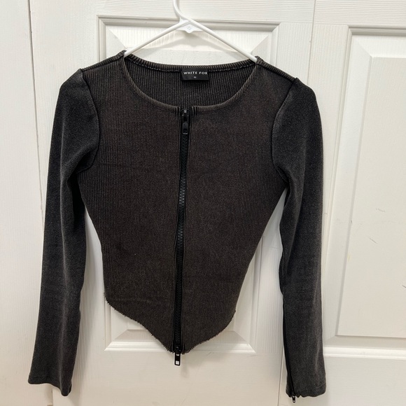 White Fox - For Keeps Long Sleeve Zip Front Ribbed Top Black Acid - Size Medium - Picture 1 of 4